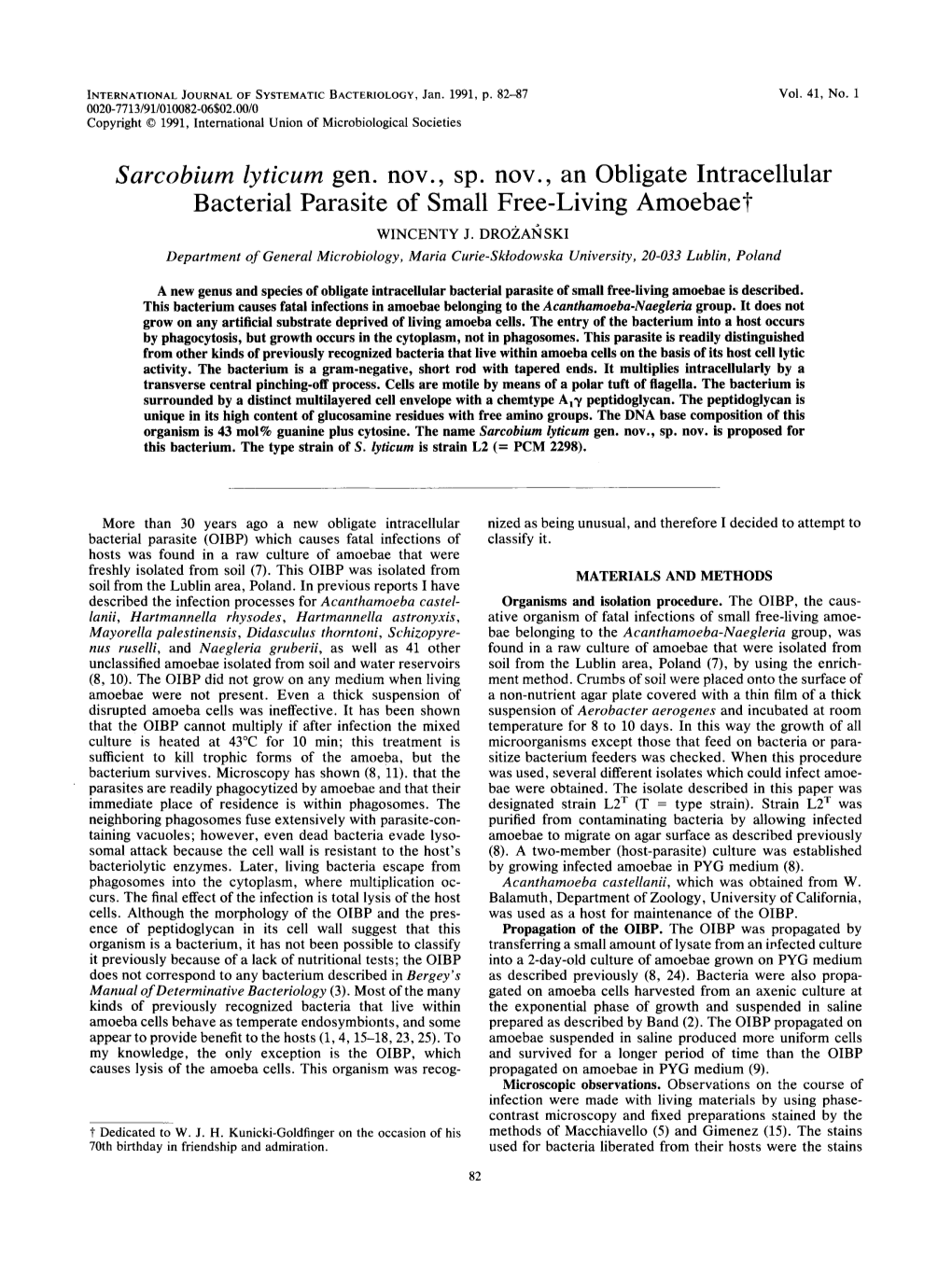 Sarcobium Zyticum Gen. Nov., Sp. Nov., an Obligate Intracellular Bacterial Parasite of Small Free-Living Amoebae? WINCENTY J