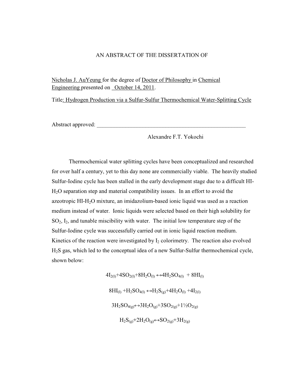 Hydrogen Production Via a Sulfur-Sulfur Thermochemical Water-Splitting Cycle