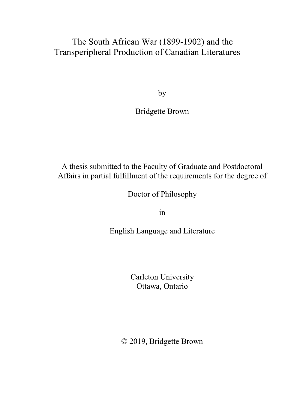 The South African War (1899-1902) and the Transperipheral Production of Canadian Literatures