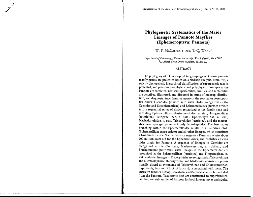 Phylogenetic Systematics of the Major Lineages of Pannote Mayflies (Ephemeroptera: Pannota)