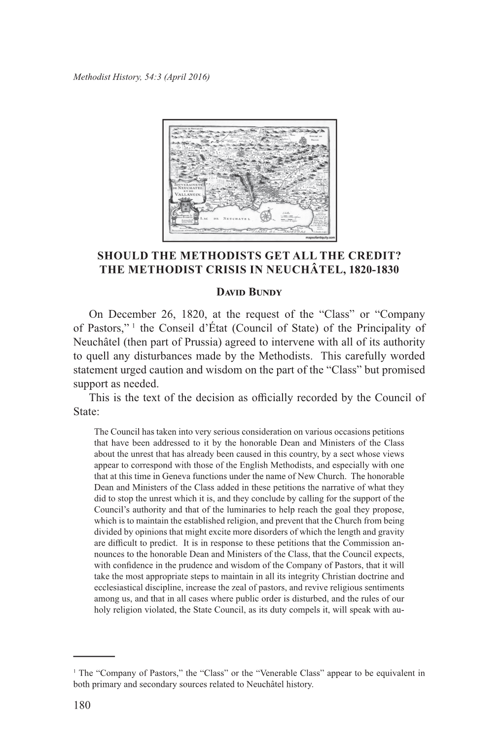 THE METHODIST CRISIS in NEUCHÂTEL, 1820-1830 David