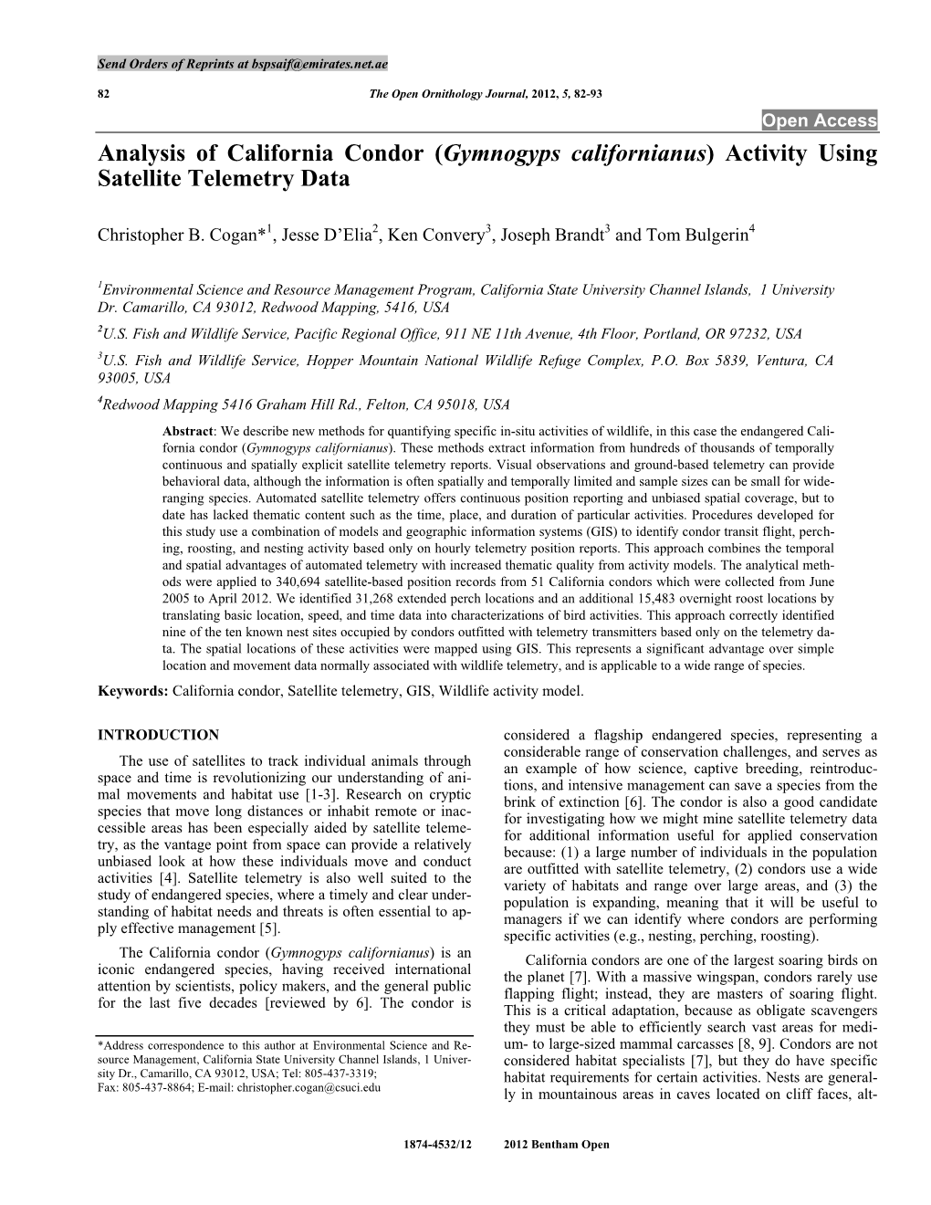 Analysis of California Condor (Gymnogyps Californianus) Activity Using Satellite Telemetry Data