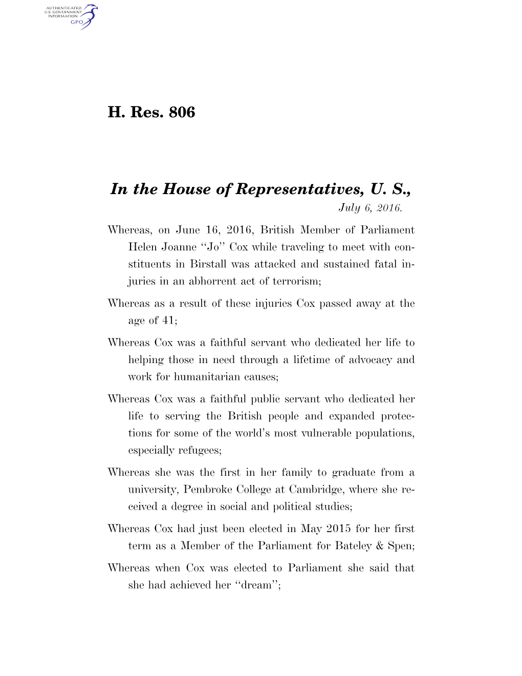 H. Res. 806 in the House of Representatives