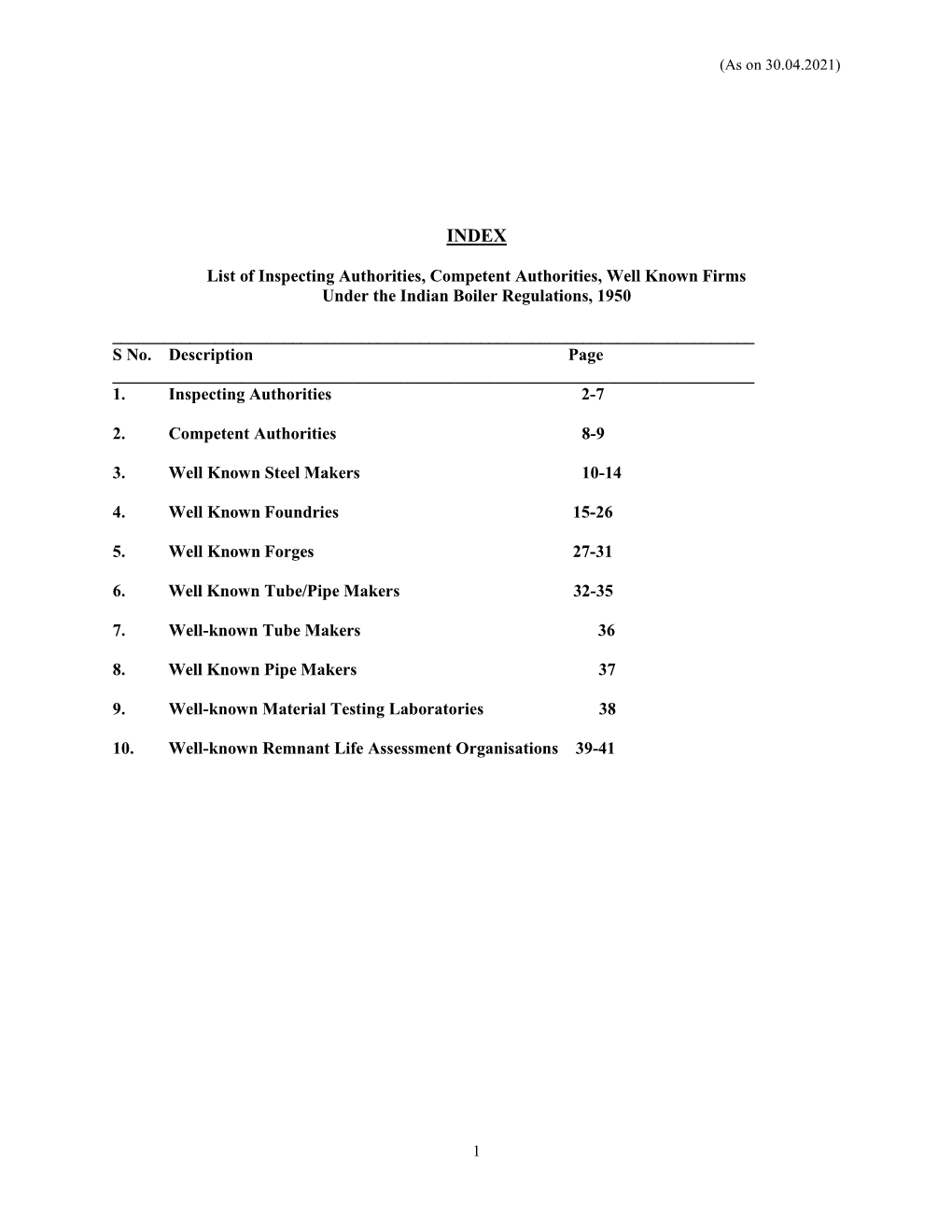 1. List of Recognised Inspecting Authorities, Competent Authorities