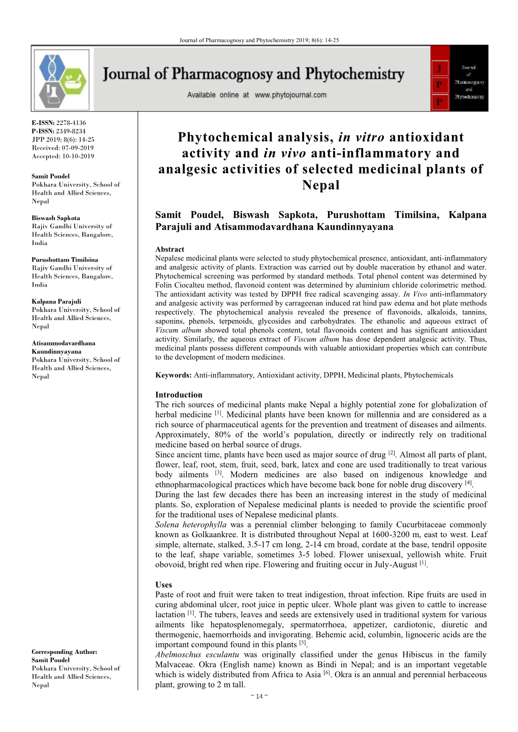 Phytochemical Analysis, in Vitro Antioxidant Activity and in Vivo Anti