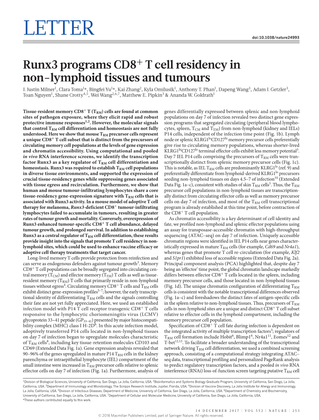 Runx3 Programs CD8+ T Cell Residency in Non-Lymphoid Tissues and Tumours J