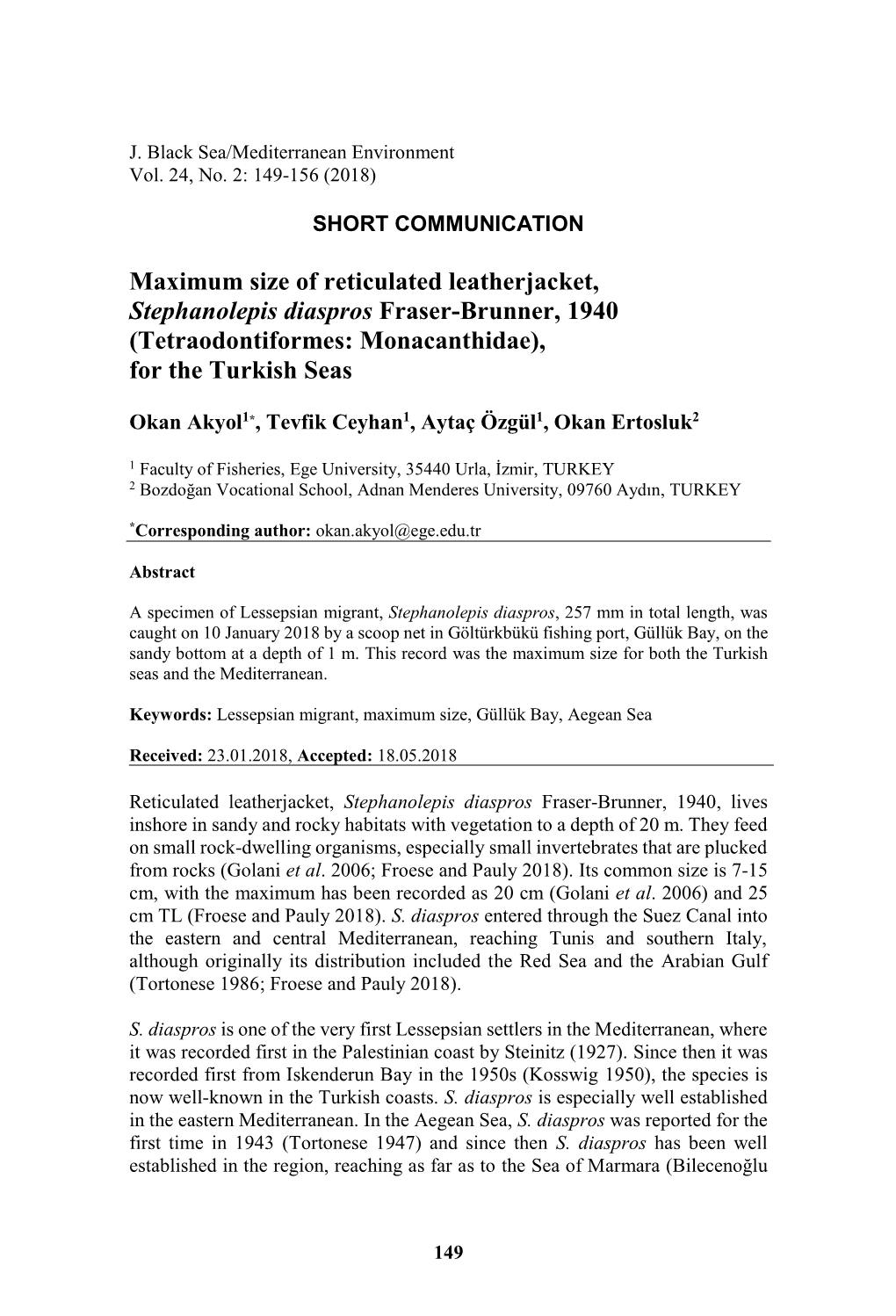 Maximum Size of Reticulated Leatherjacket, Stephanolepis Diaspros Fraser-Brunner, 1940 (Tetraodontiformes: Monacanthidae), for the Turkish Seas