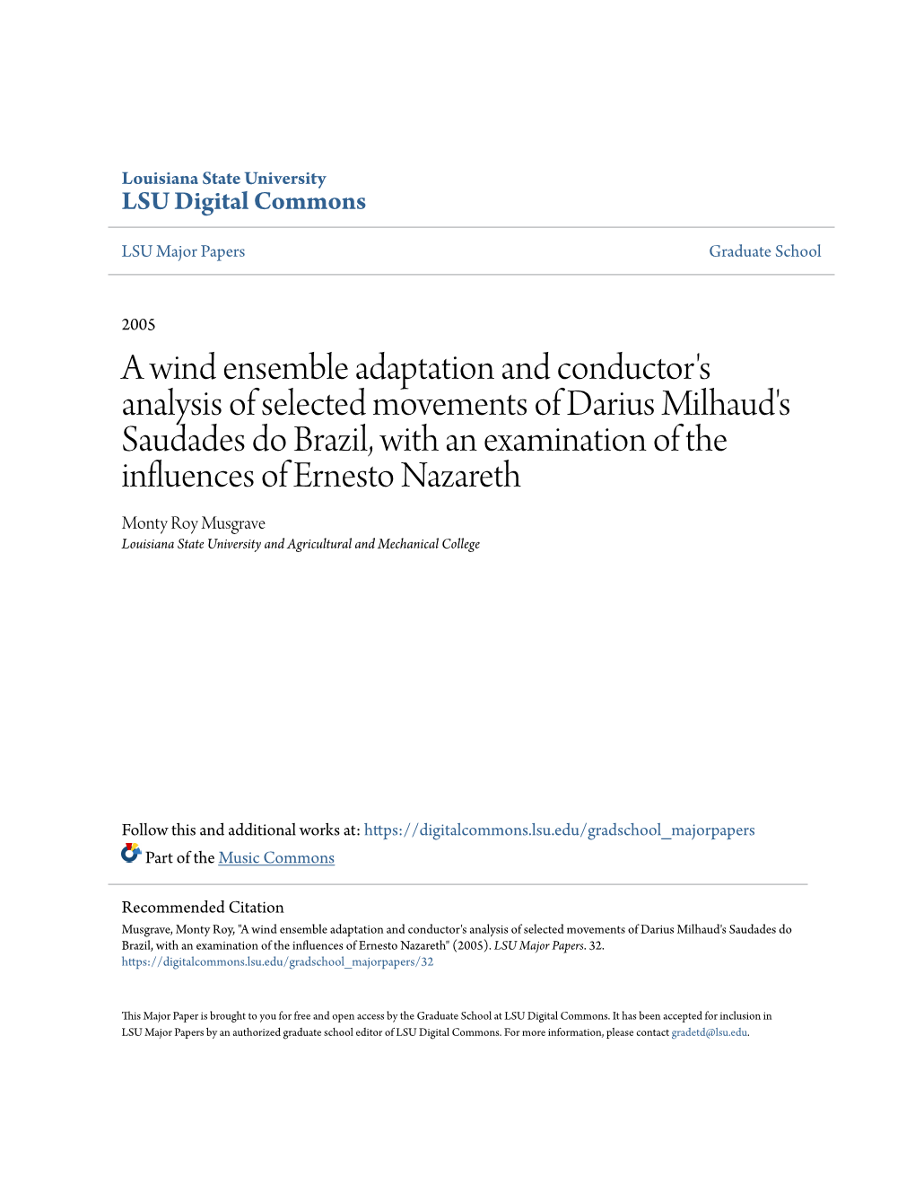 A Wind Ensemble Adaptation and Conductor's Analysis of Selected Movements of Darius Milhaud's Saudades Do Brazil, with A