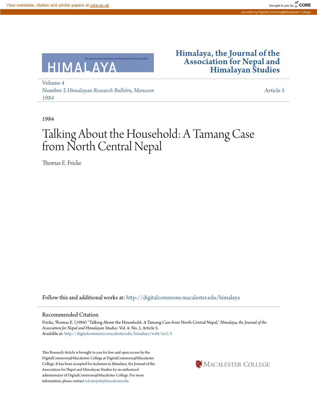 A Tamang Case from North Central Nepal Thomas E