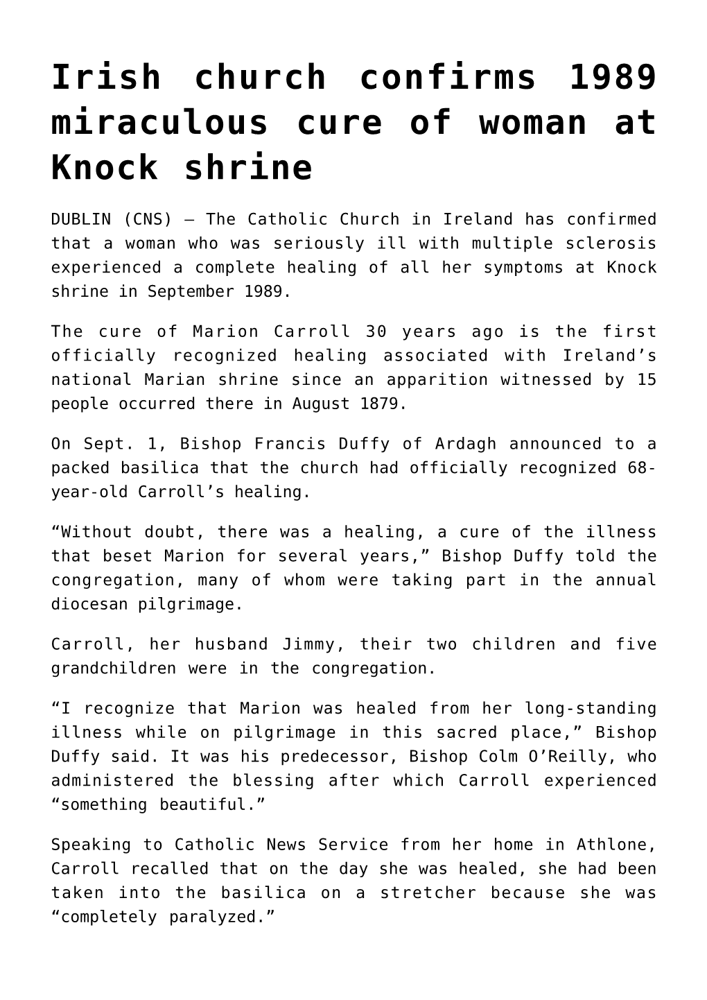 Irish Church Confirms 1989 Miraculous Cure of Woman at Knock Shrine