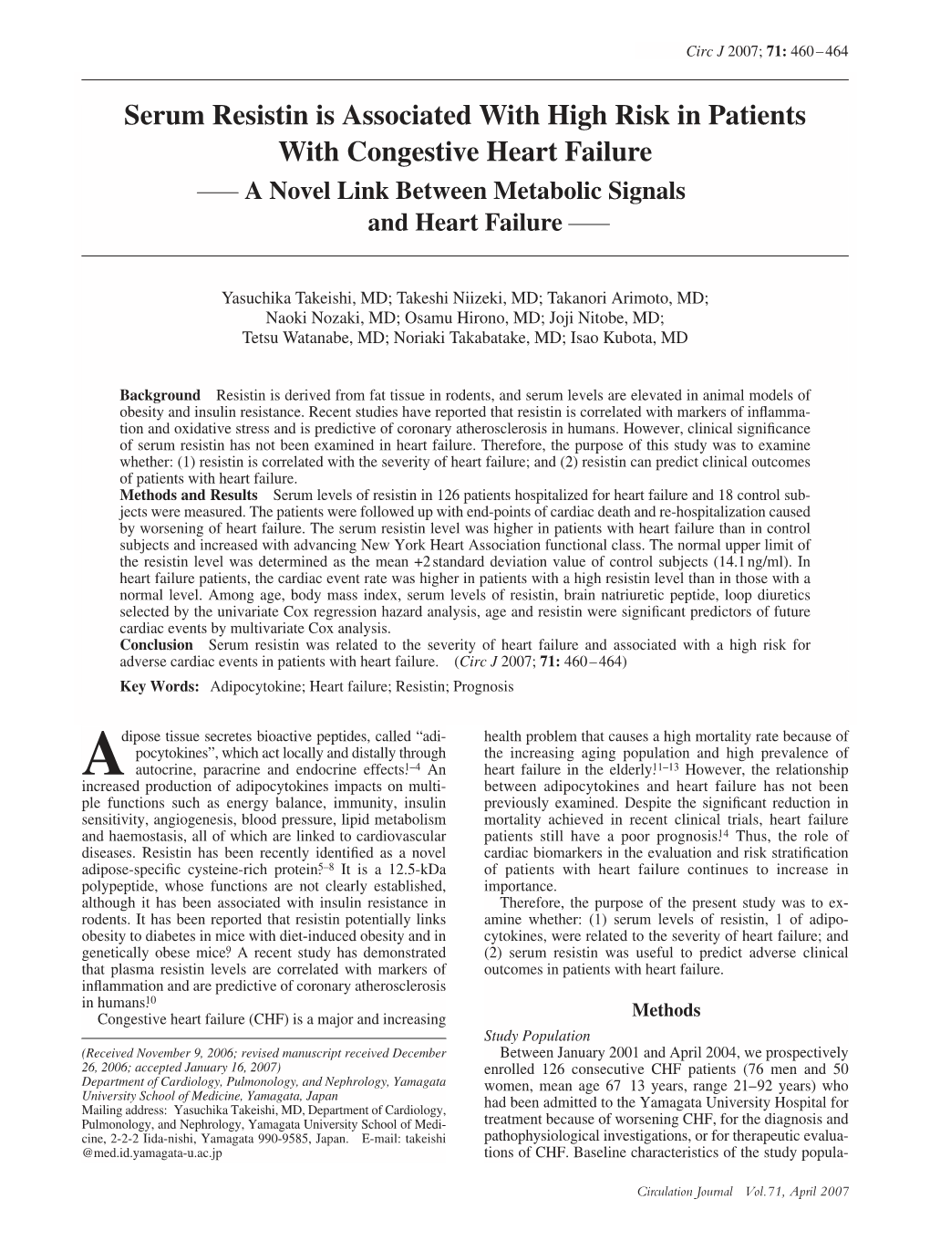 Serum Resistin Is Associated with High Risk in Patients with Congestive Heart Failure a Novel Link Between Metabolic Signals and Heart Failure