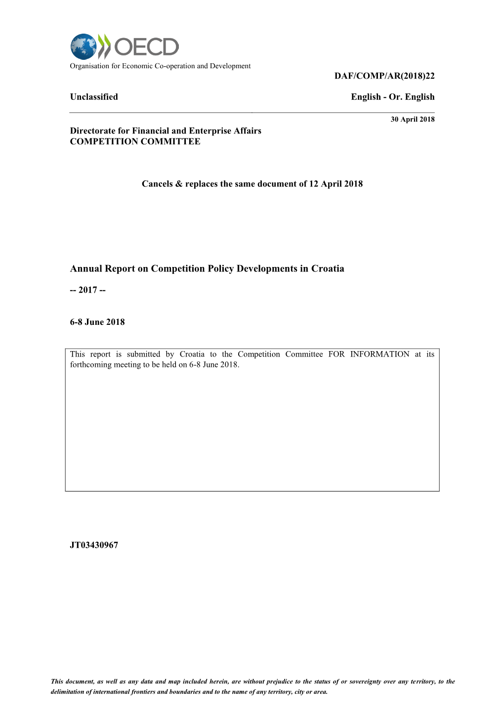 Annual Report on Competition Policy Developments in Croatia