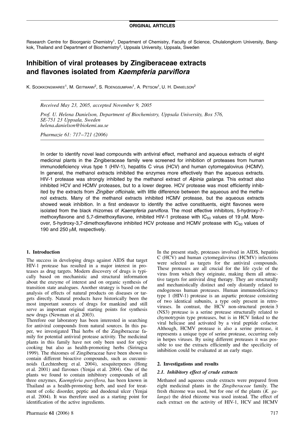 Inhibition of Viral Proteases by Zingiberaceae Extracts and Flavones Isolated from Kaempferia Parviflora