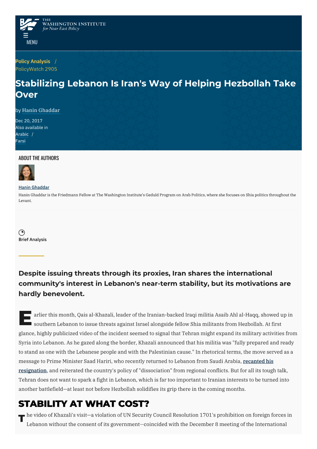 Stabilizing Lebanon Is Iran's Way of Helping Hezbollah Take Over by Hanin Ghaddar