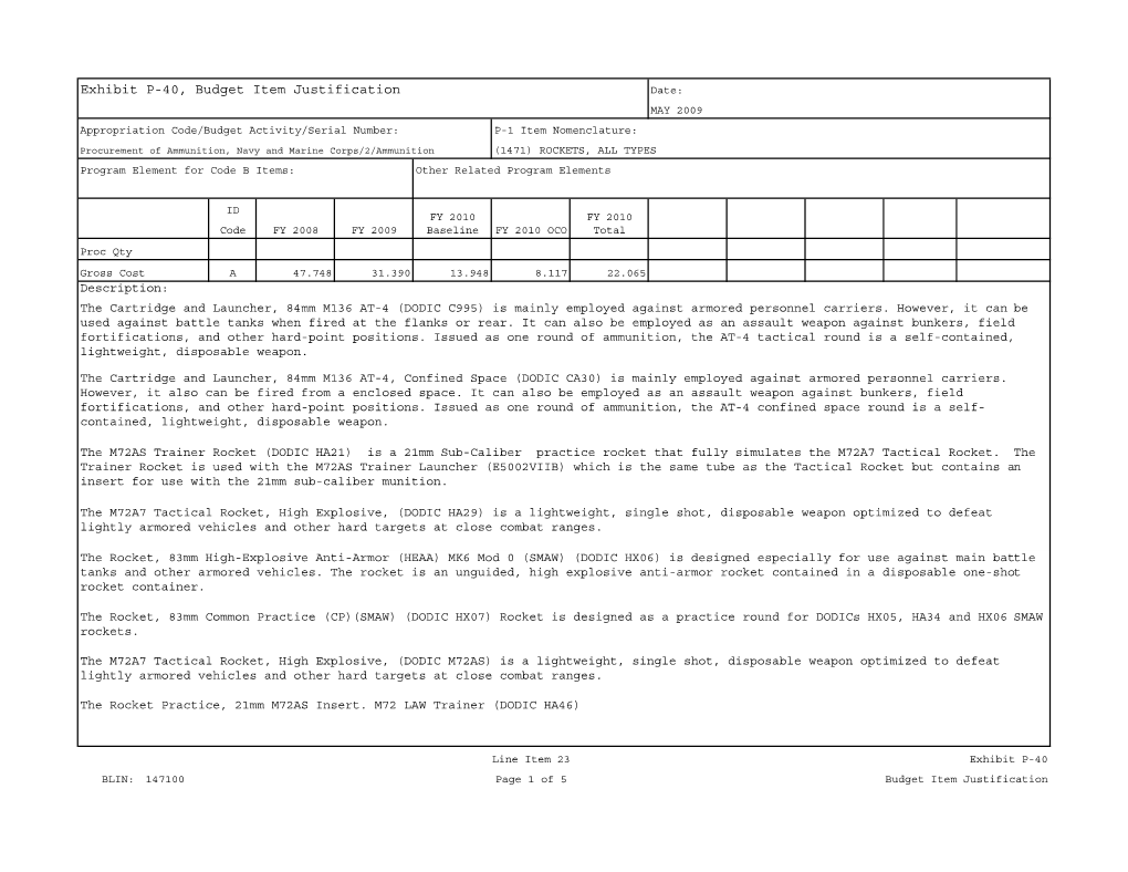 Exhibit P-40, Budget Item Justification Date: MAY 2009 Appropriation Code/Budget Activity/Serial Number: P-1 Item Nomenclature