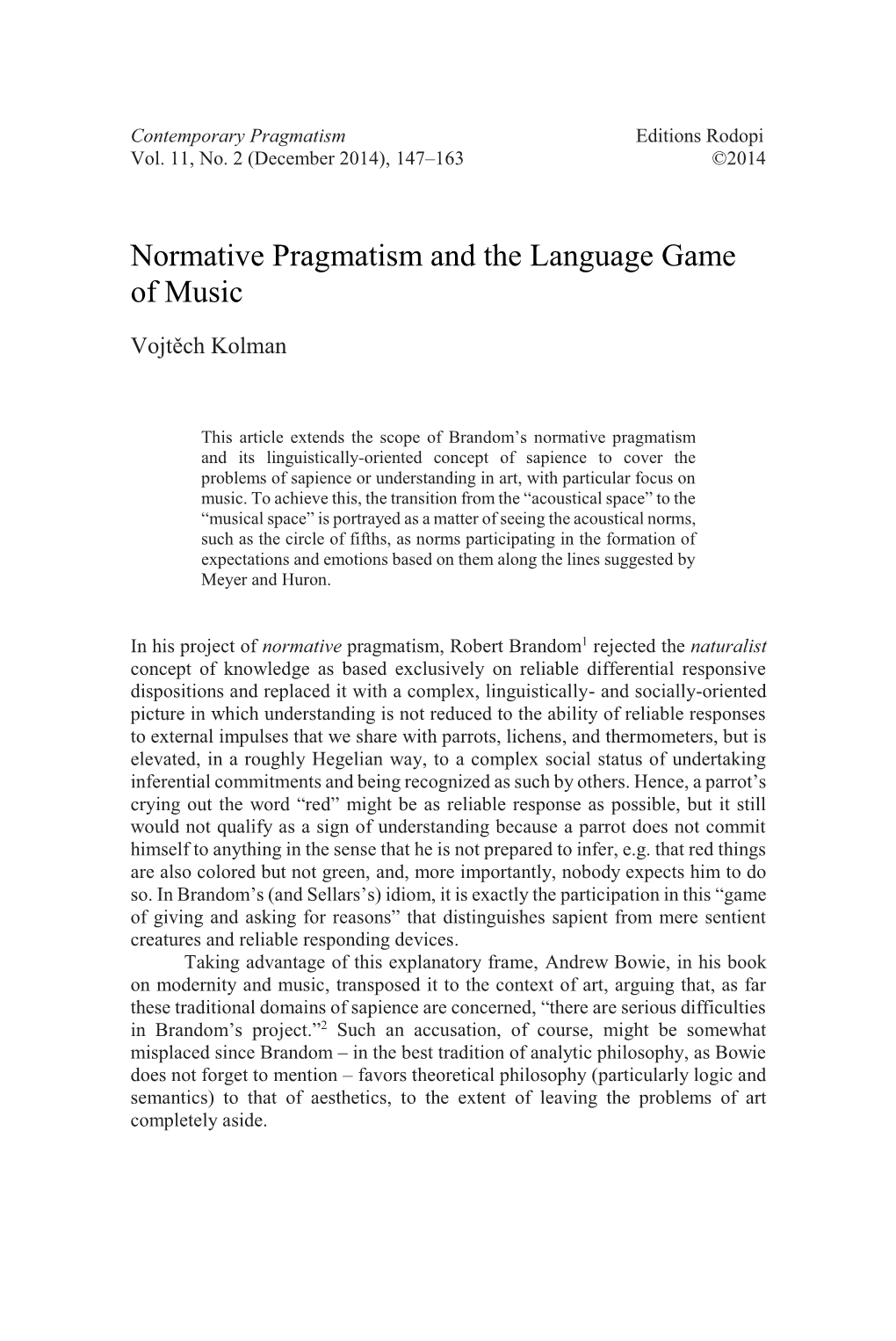 Normative Pragmatism and the Language Game of Music