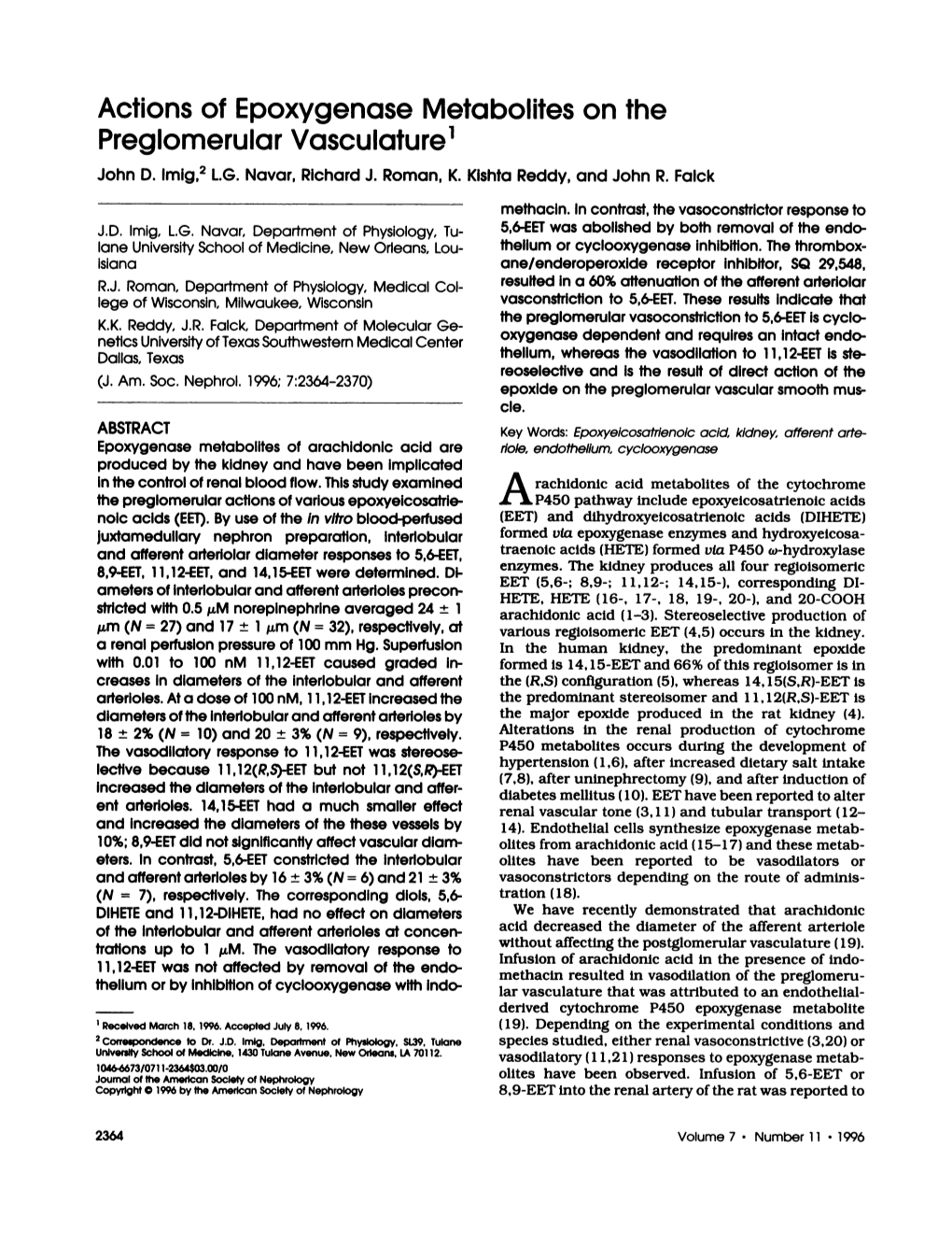 Acti Ons of Epoxygenase M Eta Bolites O N the Preglomerular Vasculature1