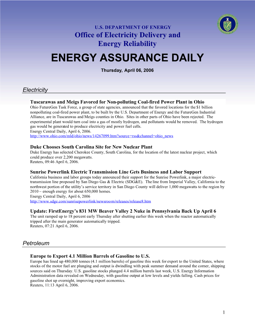 Energy Assurance Daily April 6, 2006 U.S