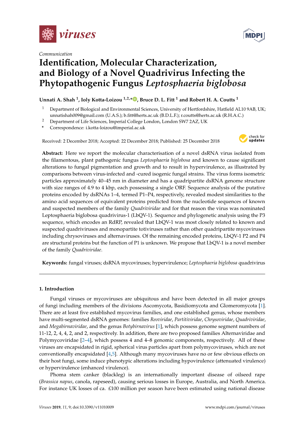 Identification, Molecular Characterization, and Biology of a Novel Quadrivirus Infecting the Phytopathogenic Fungus Leptosphaeri