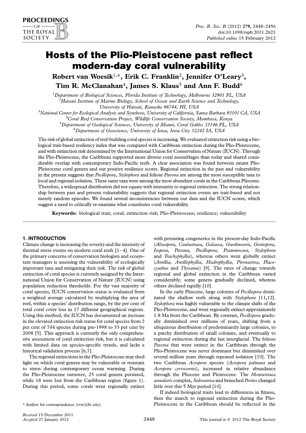 Hosts of the Plio-Pleistocene Past Reflect Modern-Day Coral Vulnerability