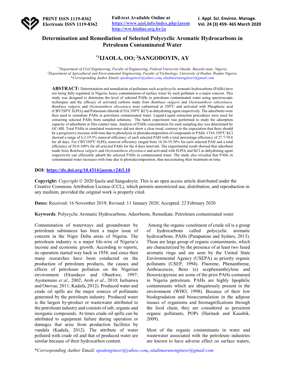 Determination and Remediation of Selected Polycyclic Aromatic Hydrocarbons in Petroleum Contaminated Water