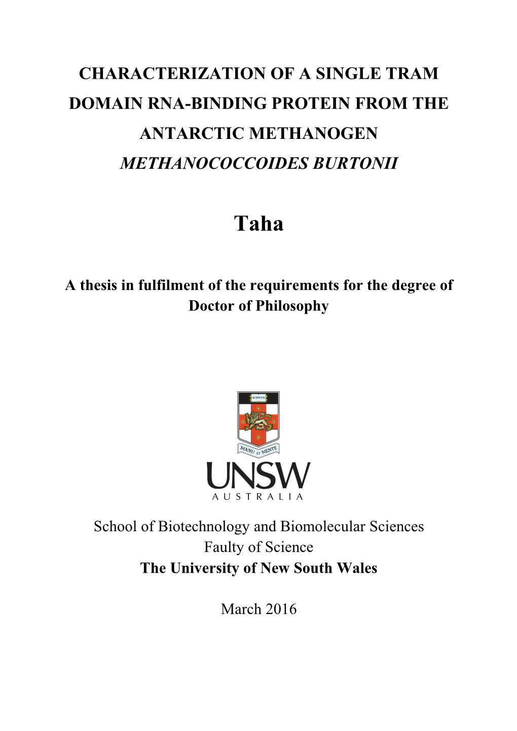 Characterization of a Single Tram Domain Rna-Binding Protein from the Antarctic Methanogen Methanococcoides Burtonii