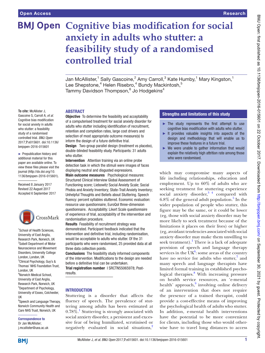 Cognitive Bias Modification for Social Anxiety in Adults Who Stutter: a Feasibility Study of a Randomised Controlled Trial