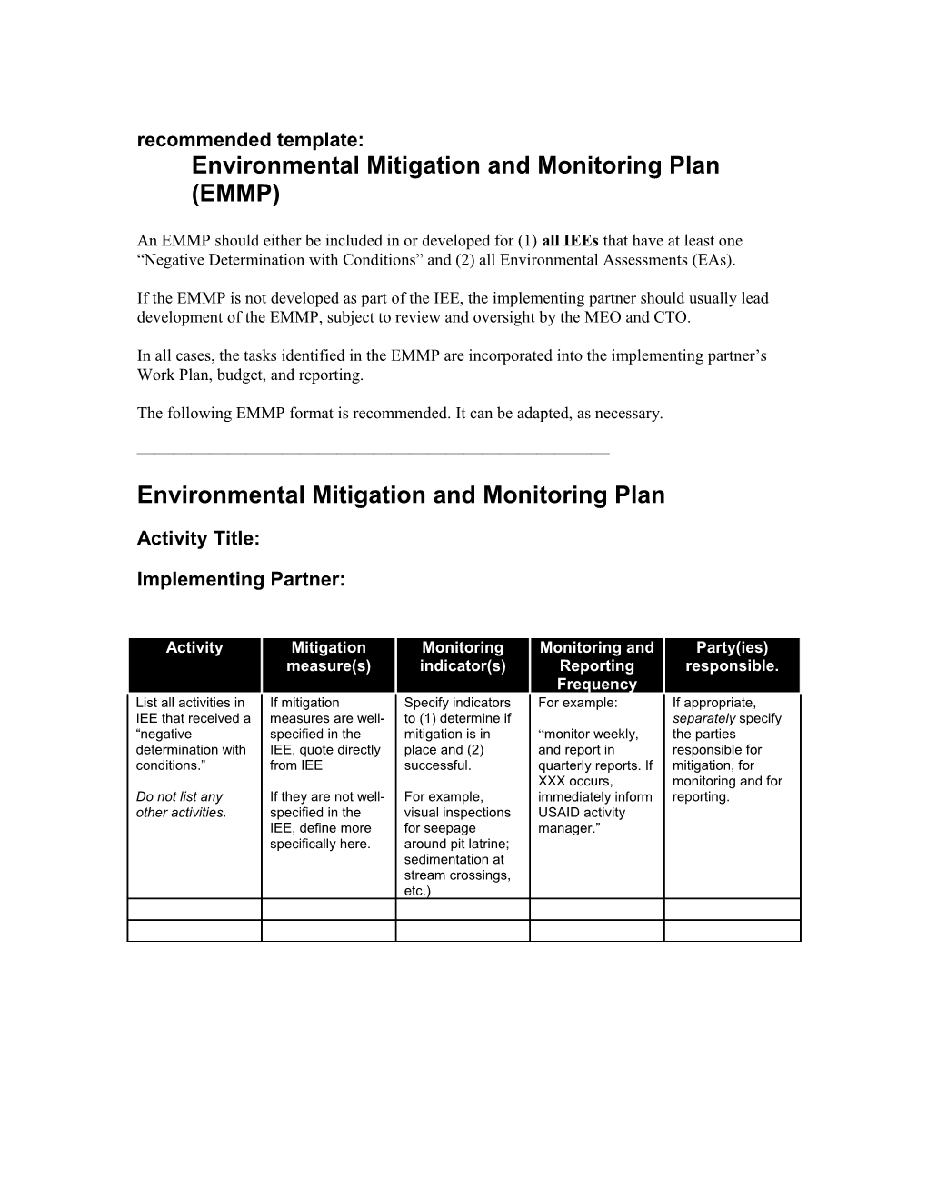 Environmental Mitigation And Monitoring Plan