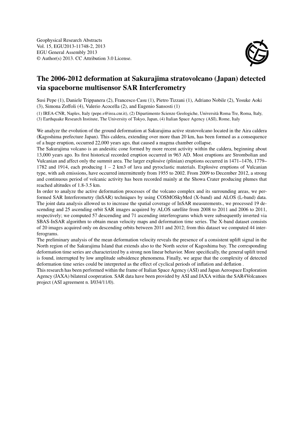 The 2006-2012 Deformation at Sakurajima Stratovolcano (Japan) Detected Via Spaceborne Multisensor SAR Interferometry