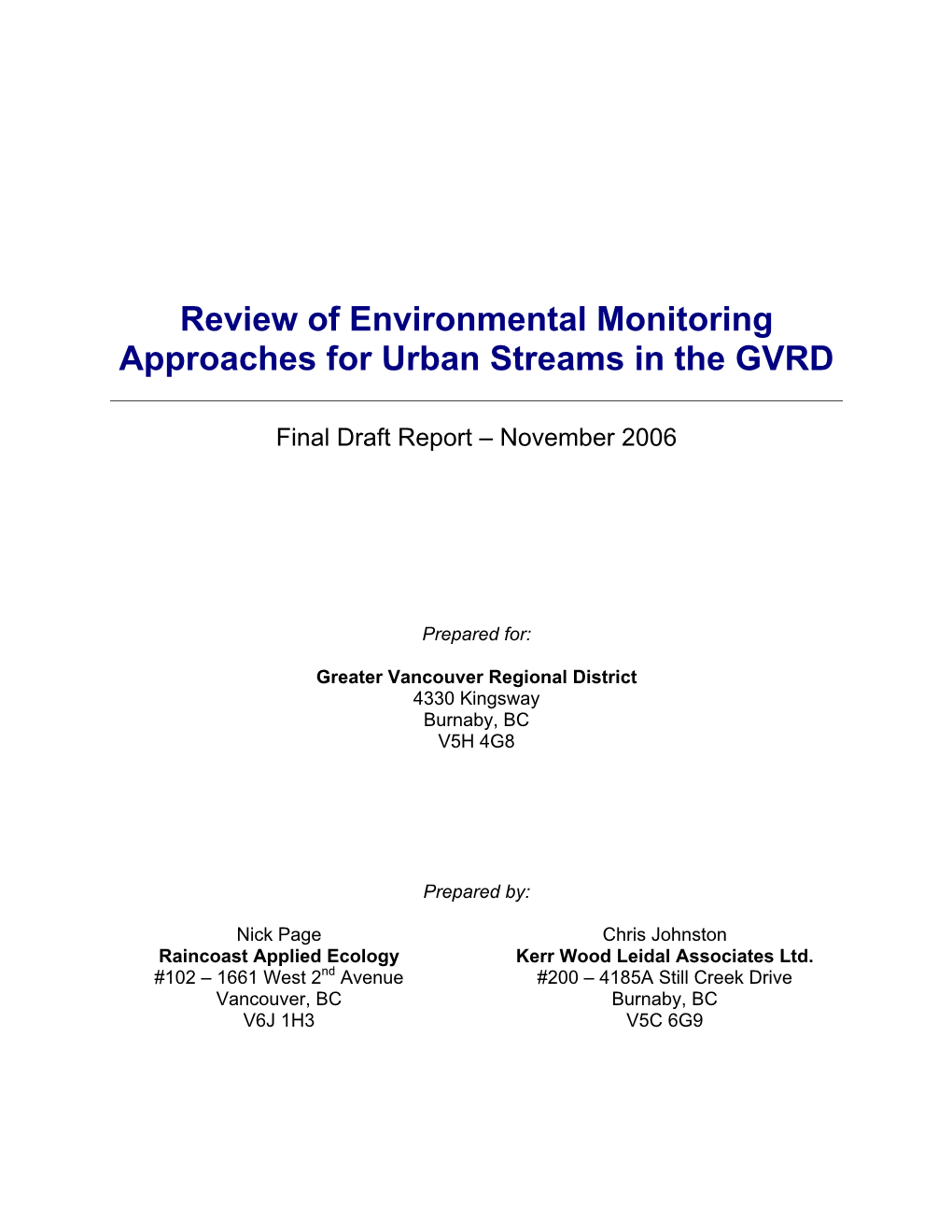 GVRD Review of Environmental Monitoring Methods