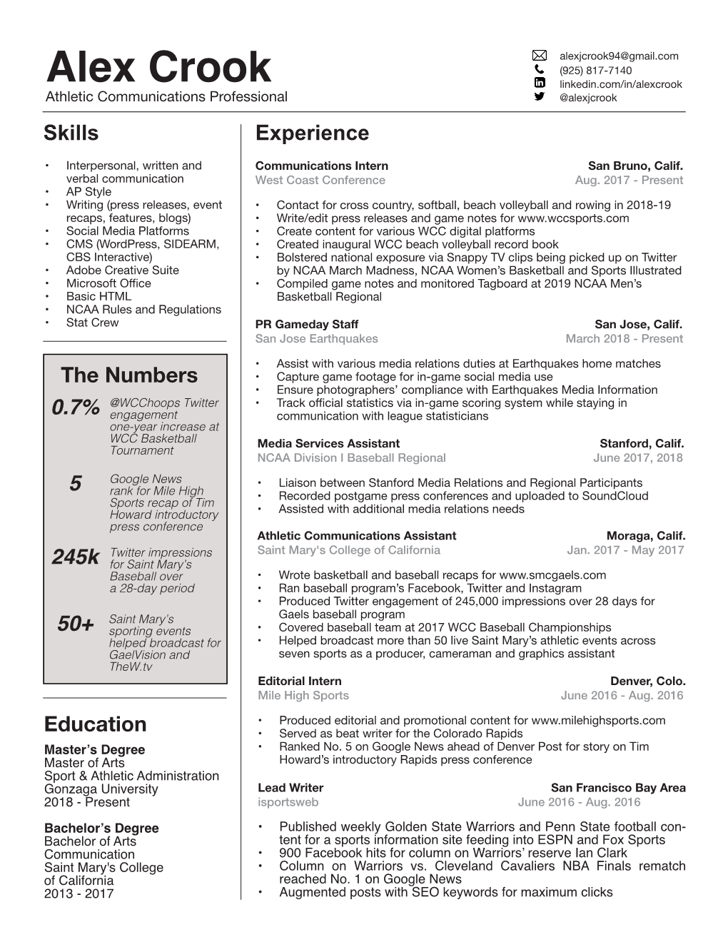 Alex Crook Linkedin.Com/In/Alexcrook Athletic Communications Professional @Alexjcrook Skills Experience