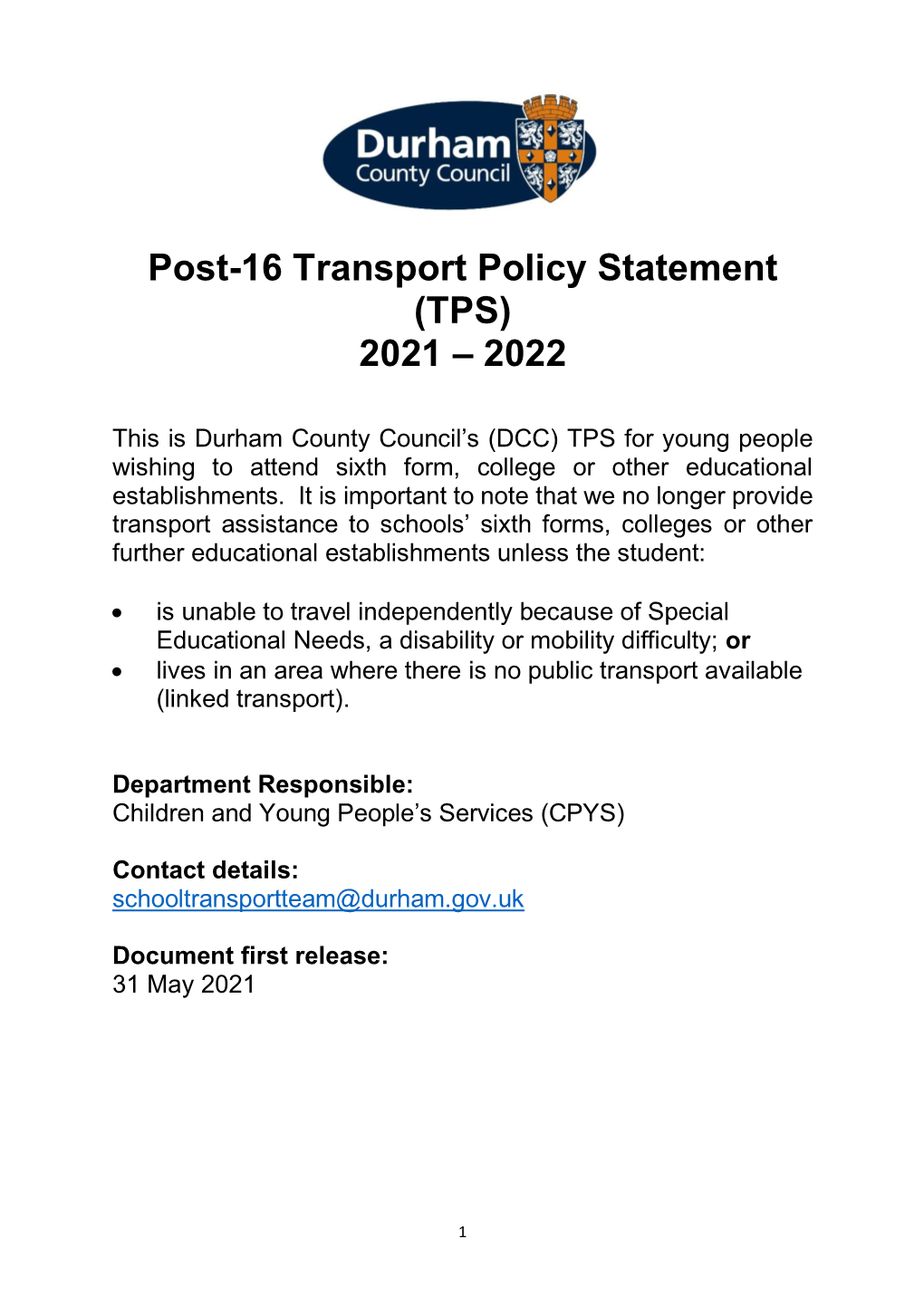 Post-16 Transport Policy Statement (TPS) 2021 – 2022