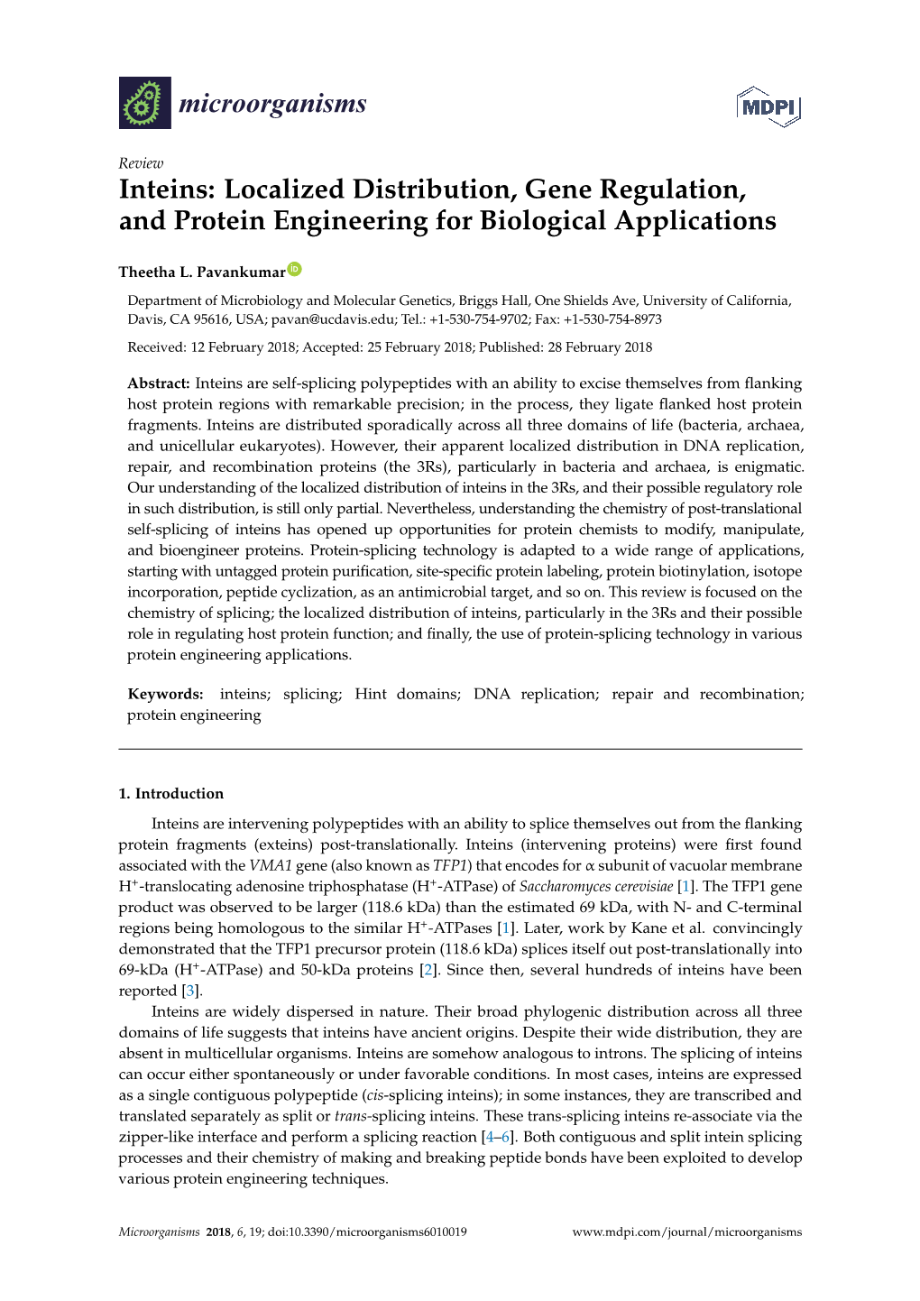 Inteins: Localized Distribution, Gene Regulation, and Protein Engineering for Biological Applications