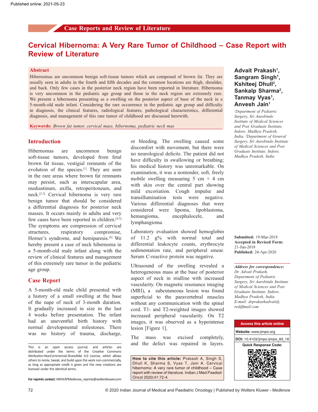 Cervical Hibernoma: a Very Rare Tumor of Childhood – Case Report with Review of Literature