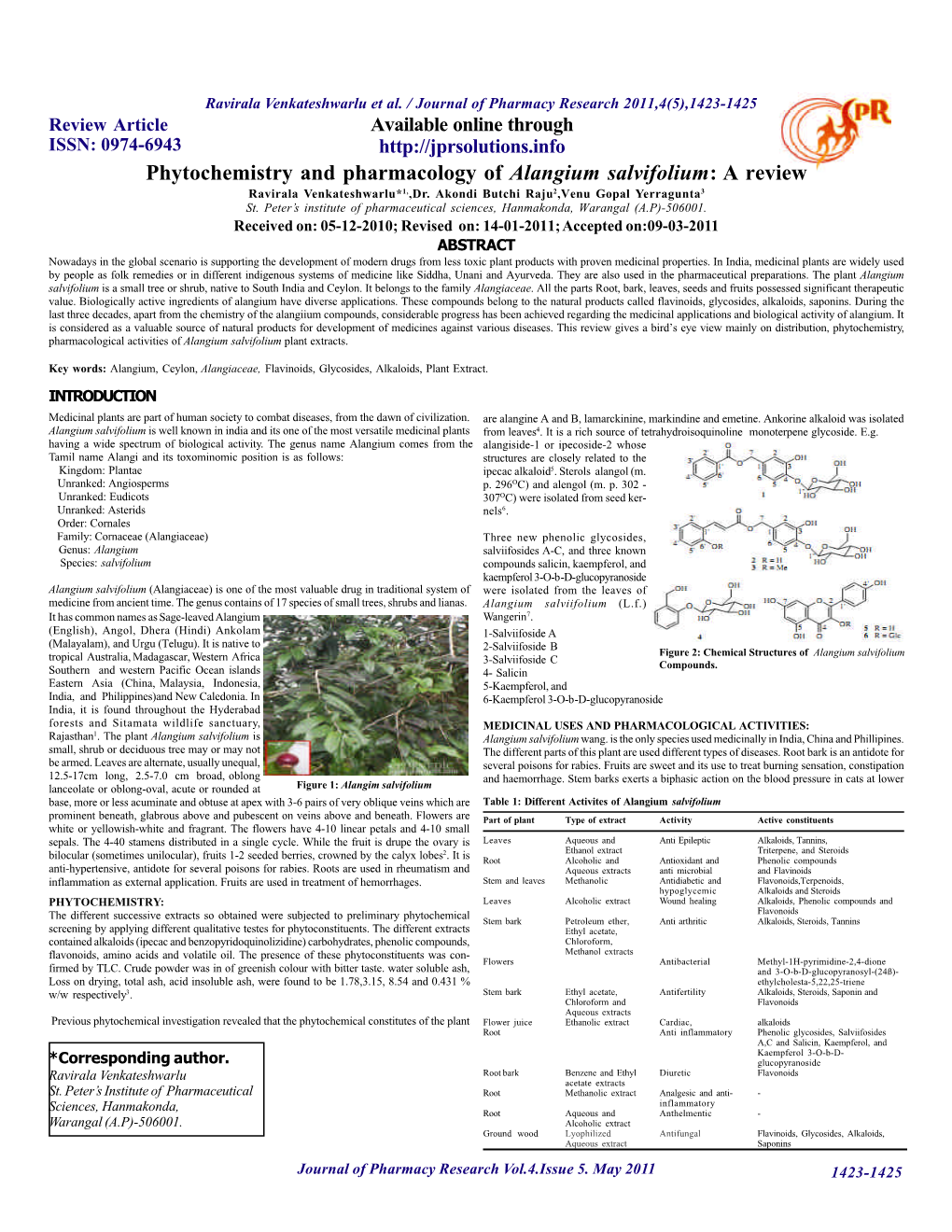 Phytochemistry and Pharmacology of Alangium Salvifolium: a Review Ravirala Venkateshwarlu*1,,Dr