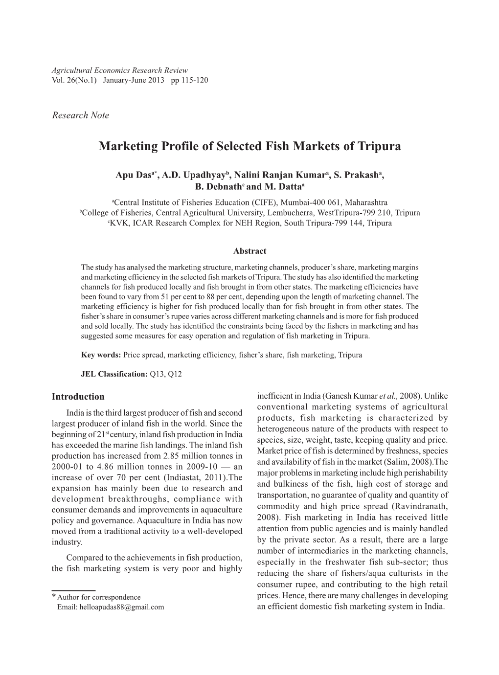 Marketing Profile of Selected Fish Markets of Tripura