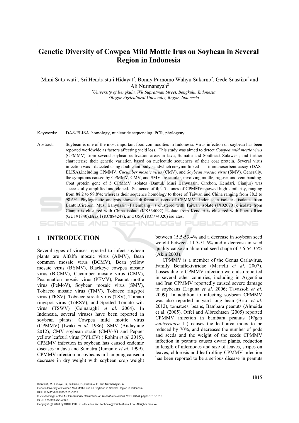 Genetic Diversity of Cowpea Mild Mottle Irus on Soybean in Several Region in Indonesia