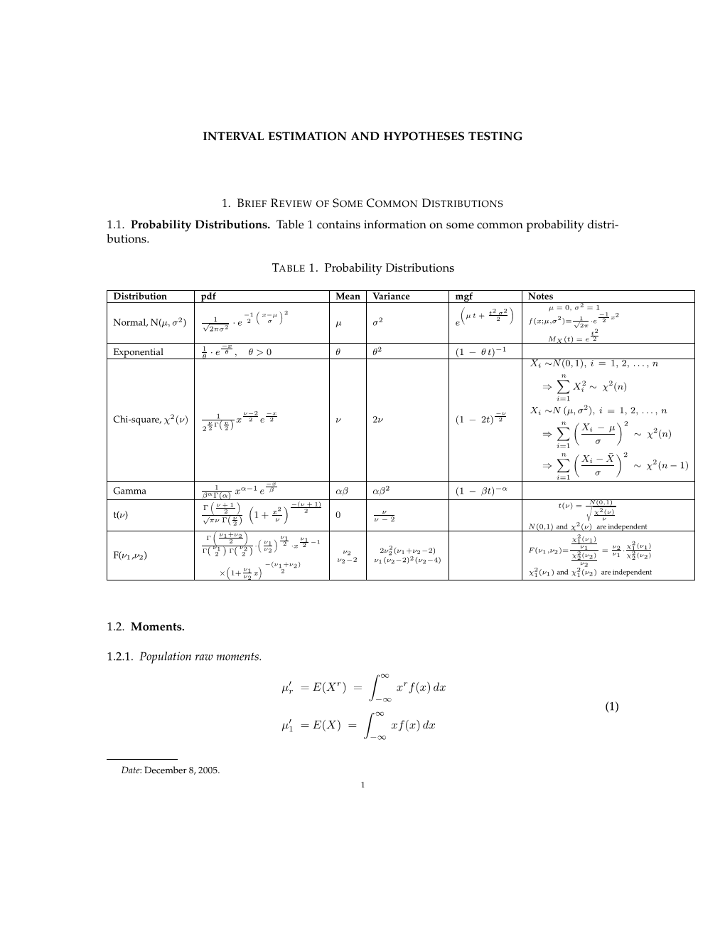 INTERVAL ESTIMATION and HYPOTHESES TESTING 1.1. Probability Distributions. Table 1 Contains Information on Some Common Probabili