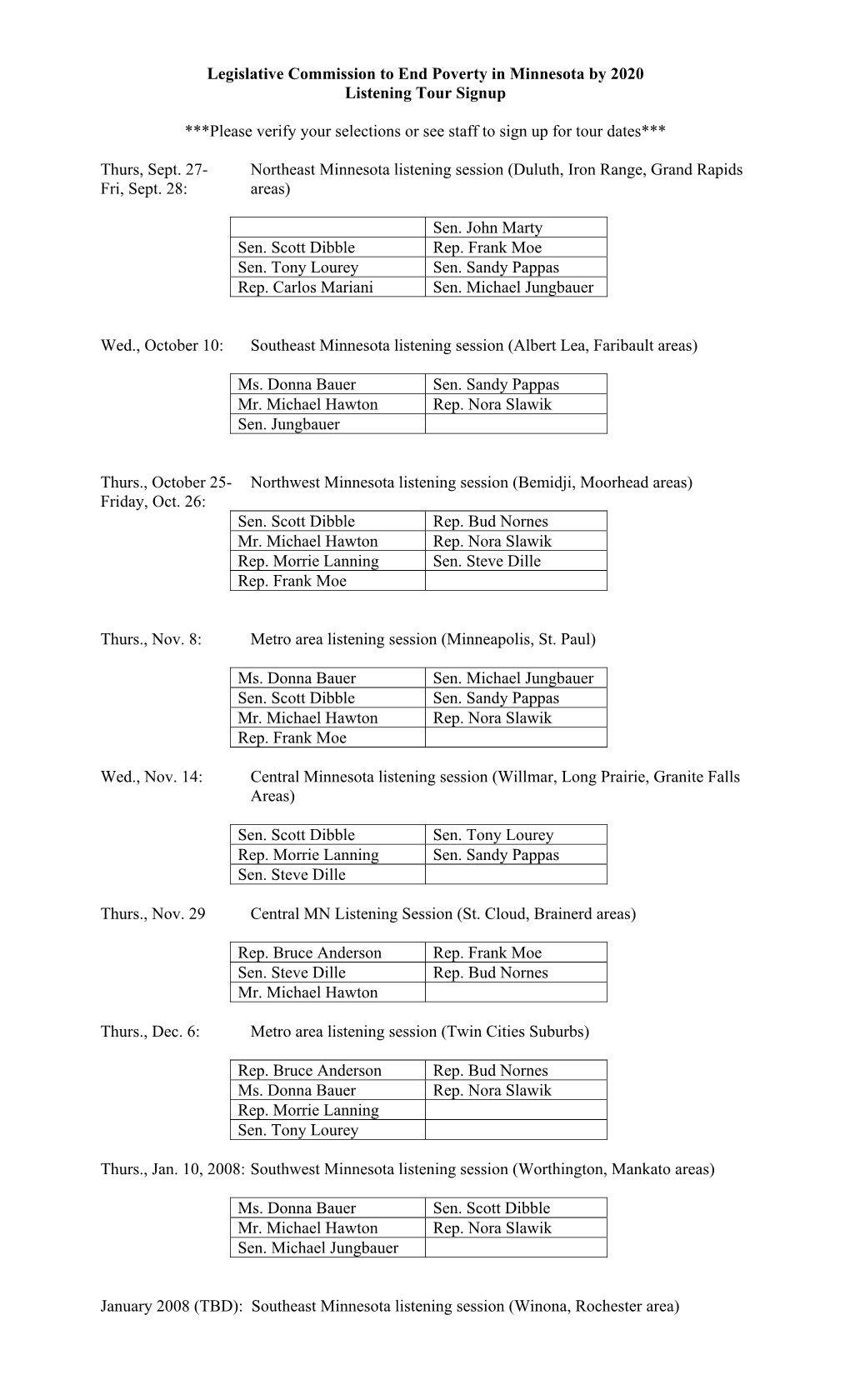 Legislative Commission to End Poverty in Minnesota by 2020 Listening Tour Signup