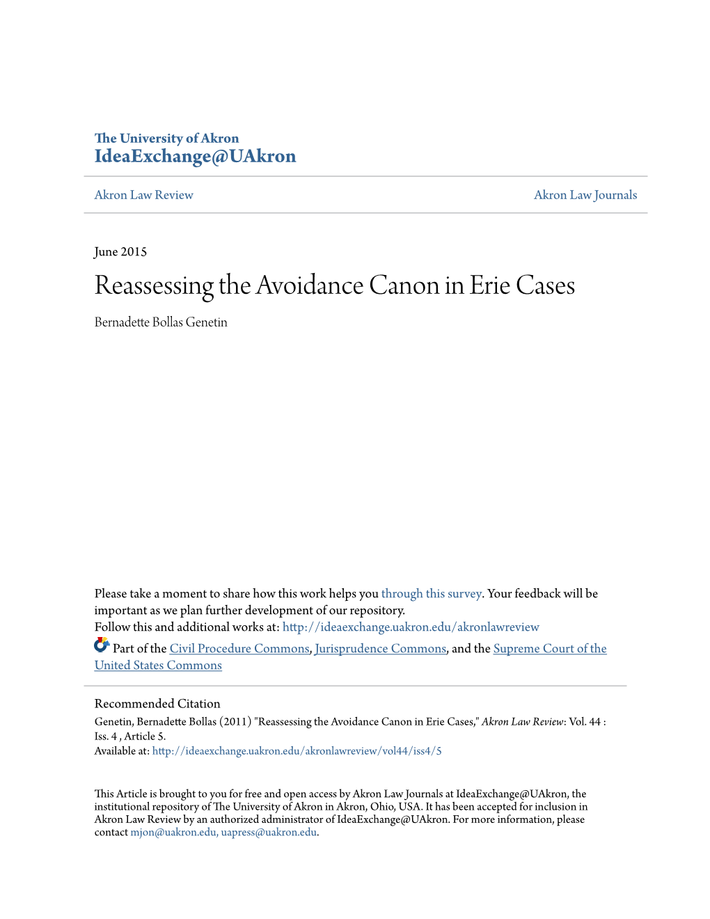 Reassessing the Avoidance Canon in Erie Cases Bernadette Bollas Genetin