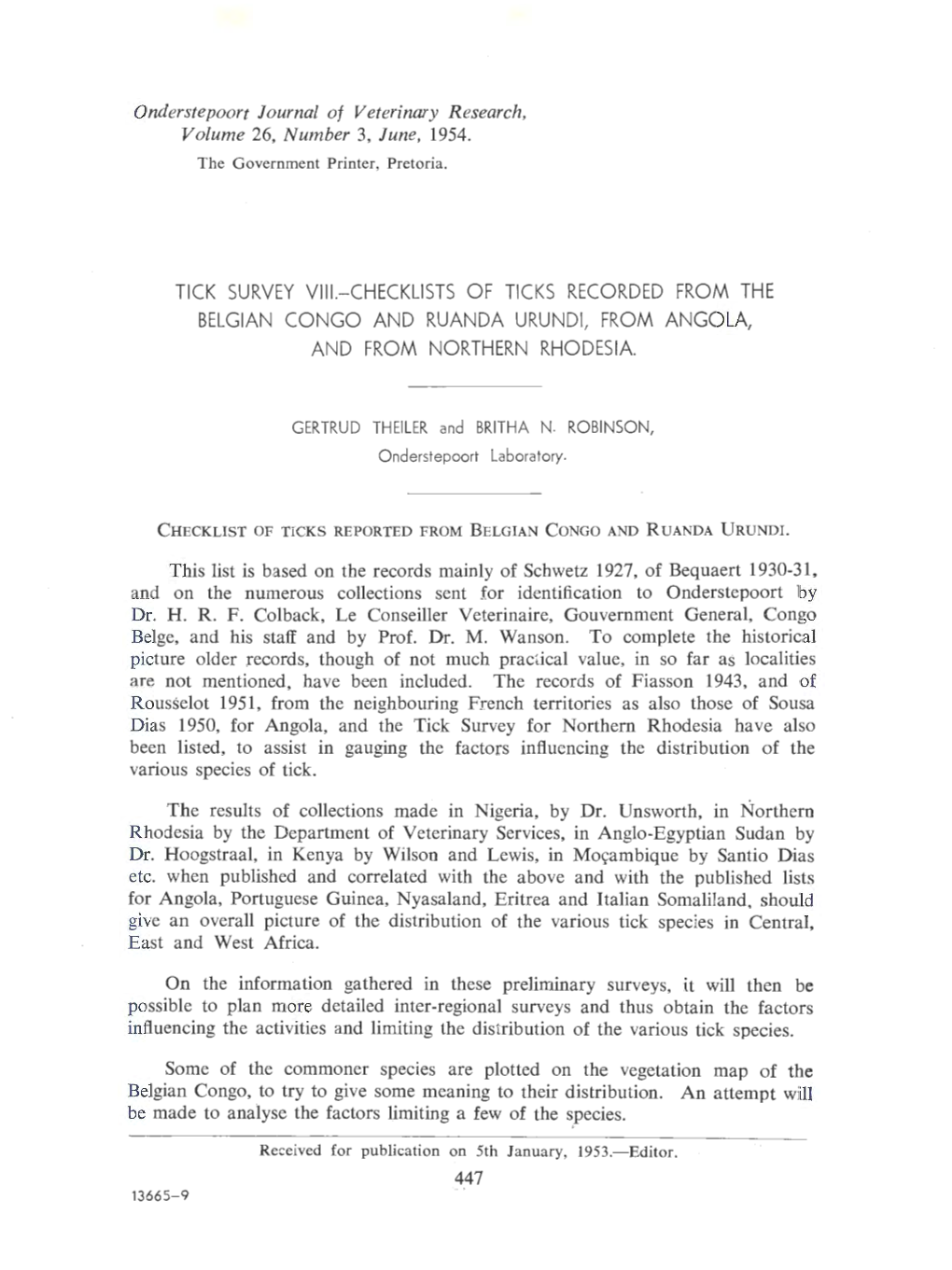 Tick Survey Viii.-Checklists of Ticks Recorded from the Belgian Congo and Ruanda Urundi, from Angola, and from Northern Rhodesia