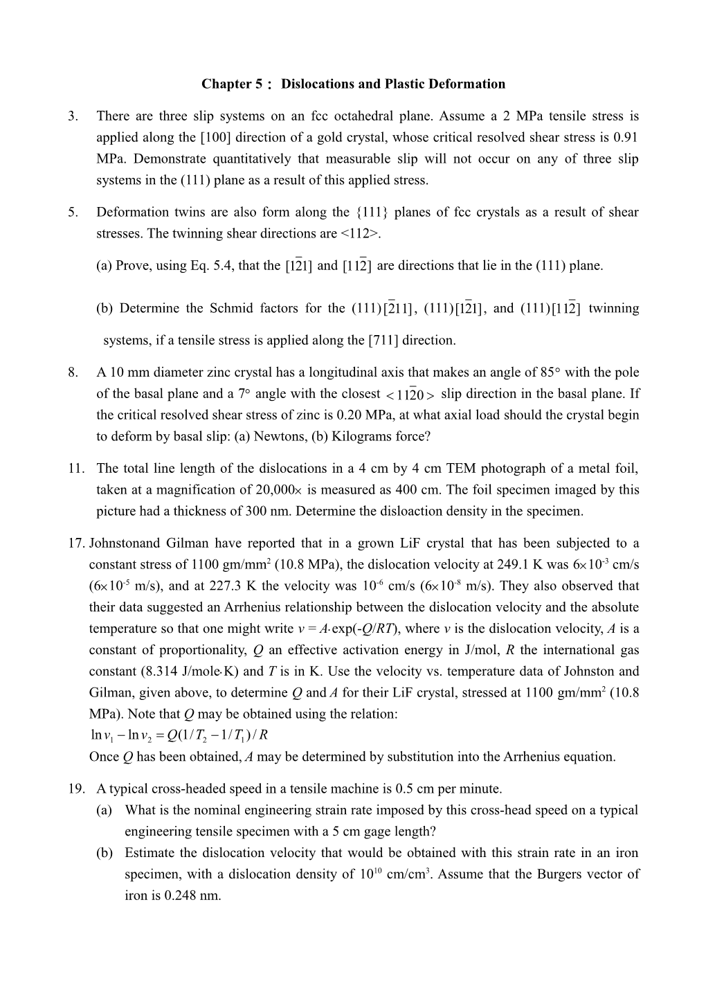 Chapter 5 Dislocations and Plastic Deformation