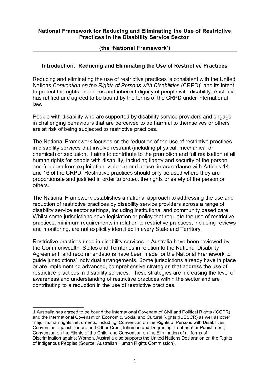 Proposed National Framework for Reducing the Use of Restrictive Practices in the Disability