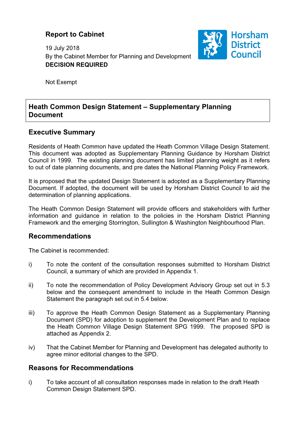 Report to Cabinet Heath Common Design Statement