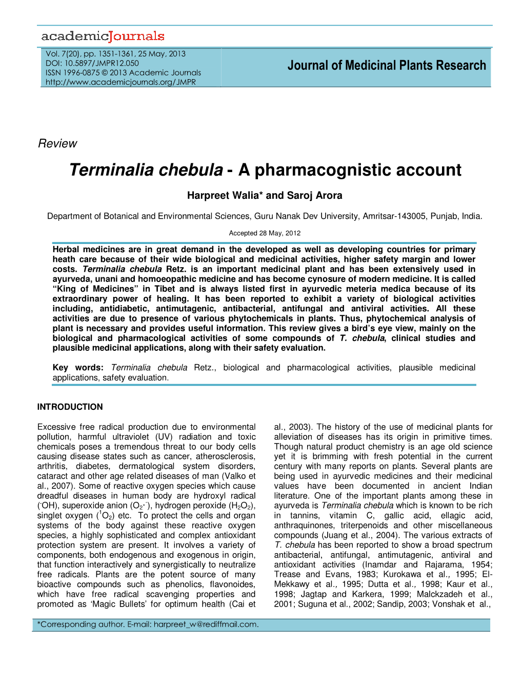 Terminalia Chebula - a Pharmacognistic Account