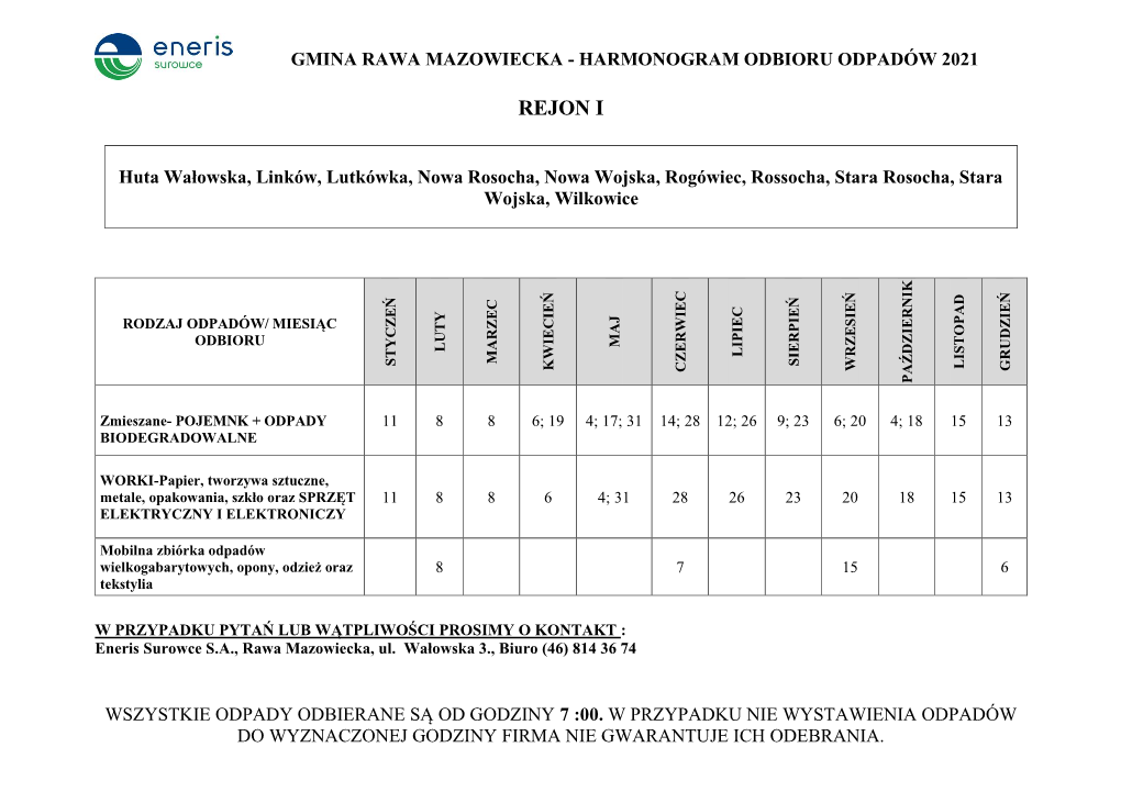 Harmonogram Odbioru Odpadów 2021
