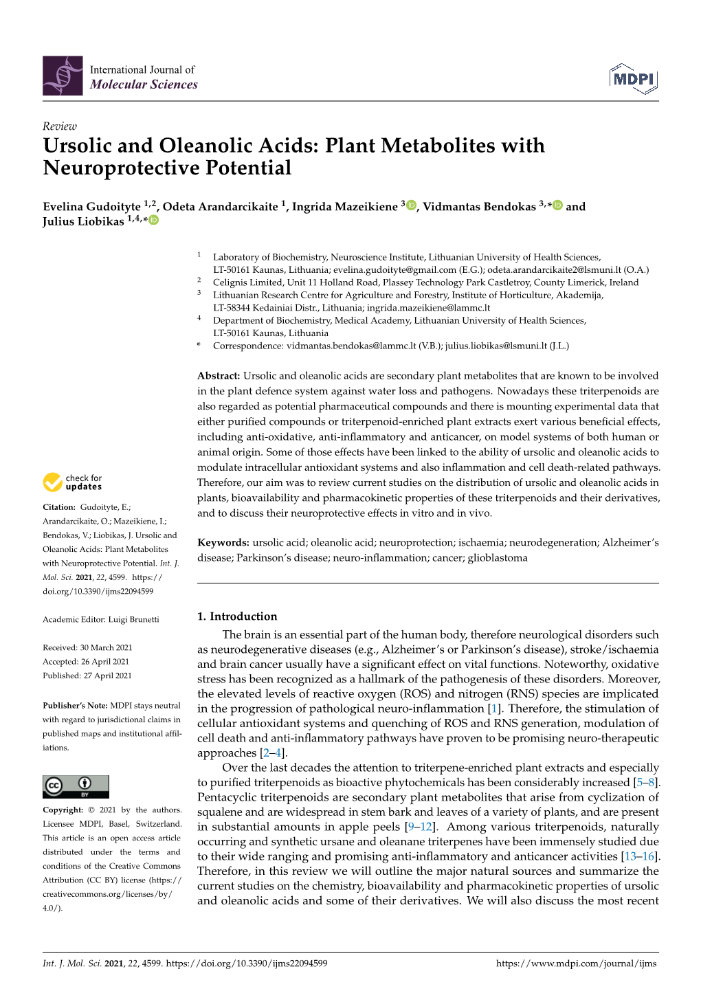 Ursolic and Oleanolic Acids: Plant Metabolites with Neuroprotective Potential