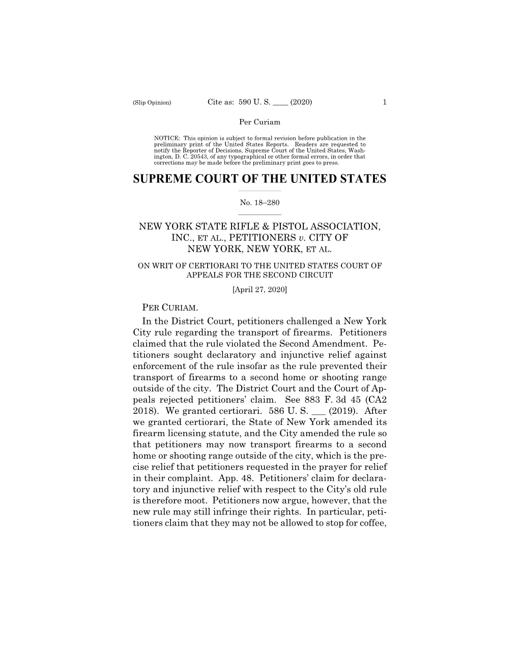 New York State Rifle & Pistol Assn., Inc. V. City