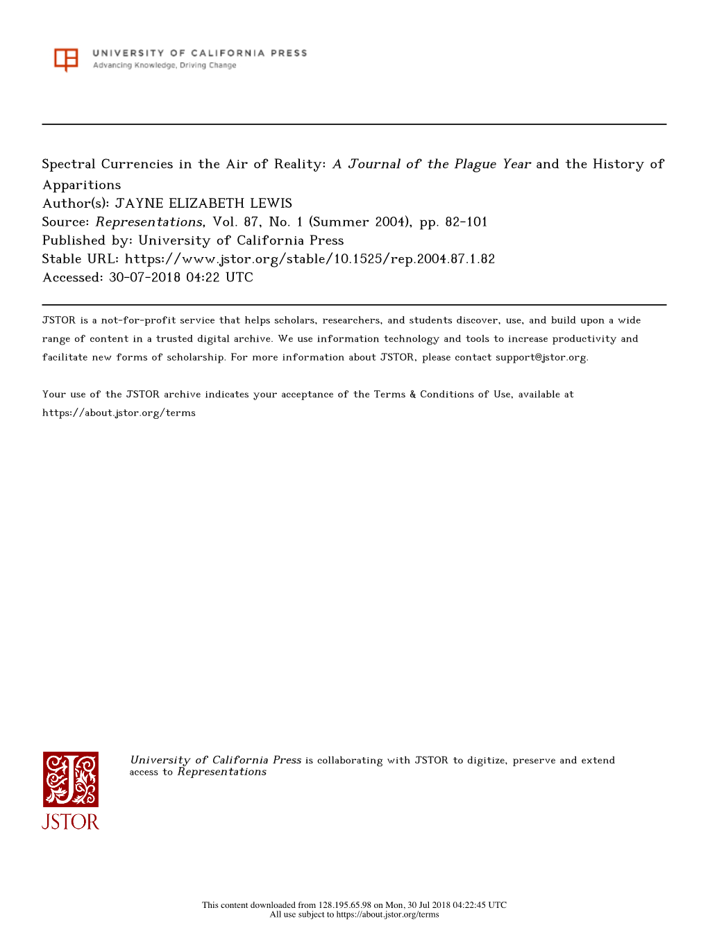 A Journal of the Plague Year and the History of Apparitions Author(S): JAYNE ELIZABETH LEWIS Source: Representations, Vol