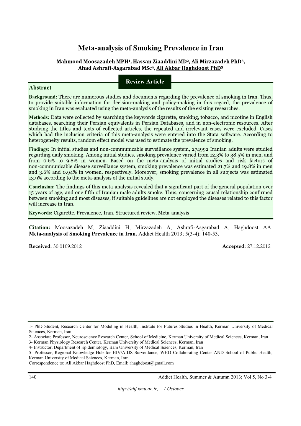 Meta-Analysis of Smoking Prevalence in Iran